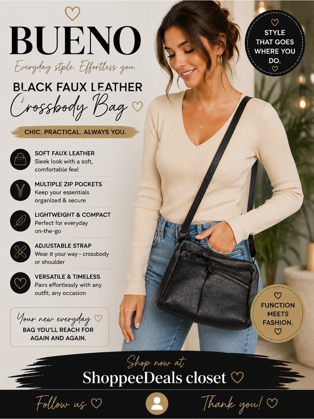 BUENO Black Faux Leather Crossbody Bag